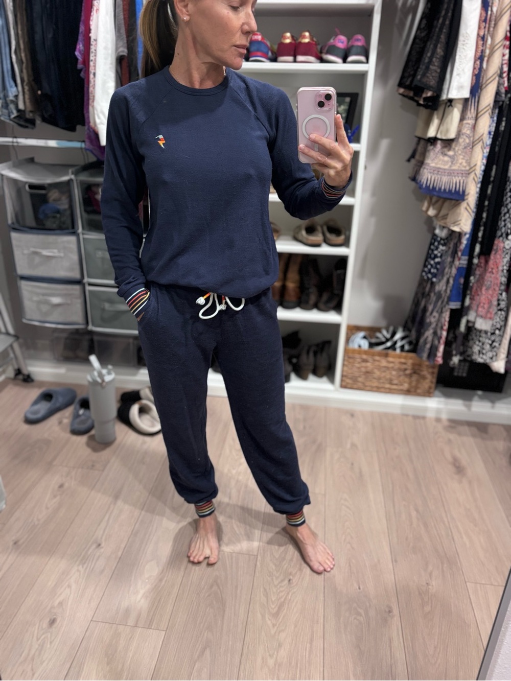 P.J. Salvage Navy Top with Rainbow Neck Stripe